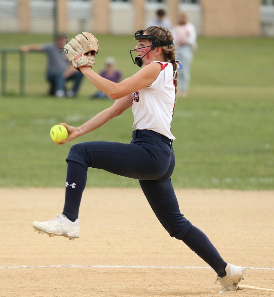 Pine Plains' Lindsay Farinaccio pitching during the Section 9 class C softball final versus SS Seward on June 11, 2021. 