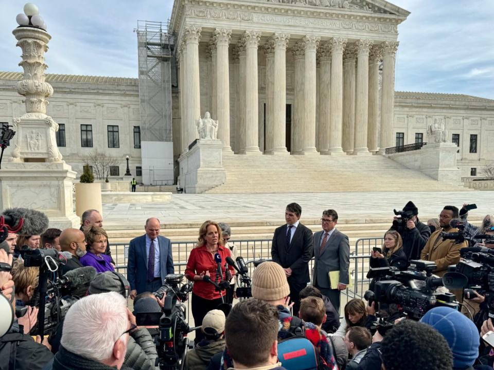 Krista Kafer, a Republican commentator and one of the plaintiffs in a case seeking to bar former President Donald Trump from the 2024 ballot, speaks to the press outside the U.S. Supreme Court 