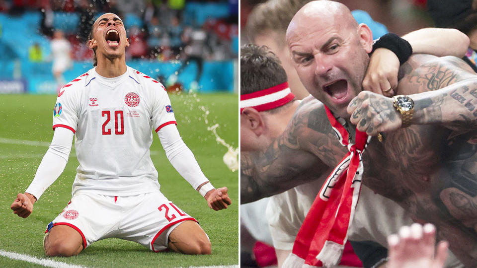 Pictured here, fans celebrate Denmark's incredible final group game win against Russia.