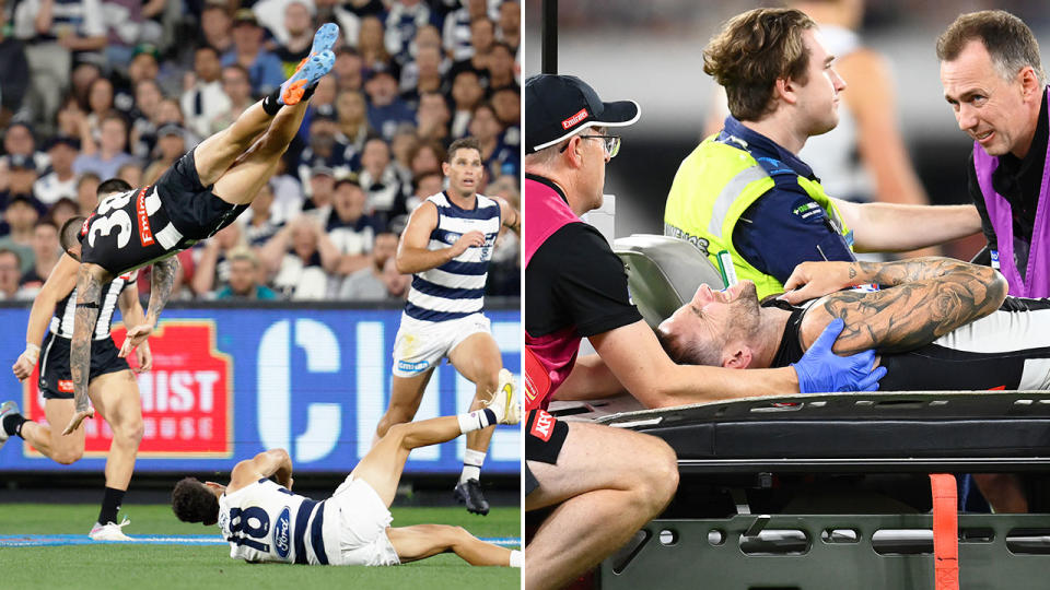 These images show the injury to Collingwood's Jeremy Howe in the AFL.