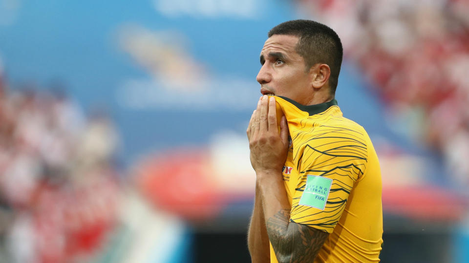 <p>38-year-old Tim Cahill looks dejected after Australia lost what is surely his final ever World Cup match </p>