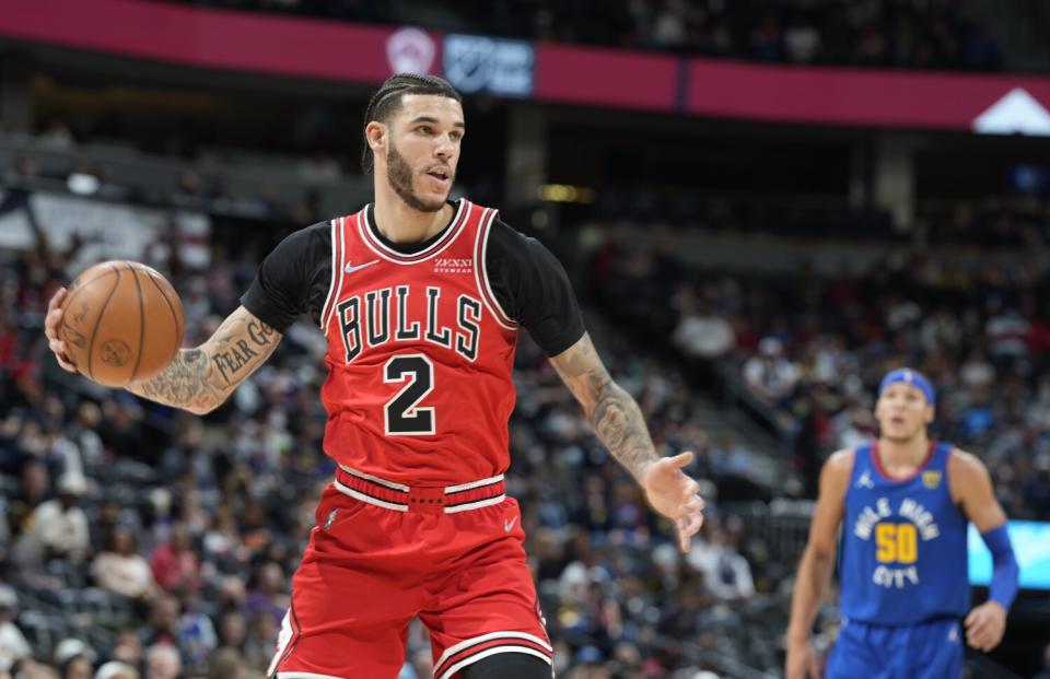 Chicago Bulls guard Lonzo Ball grabs a rebound during a game against the Denver Nuggets on Nov. 19.