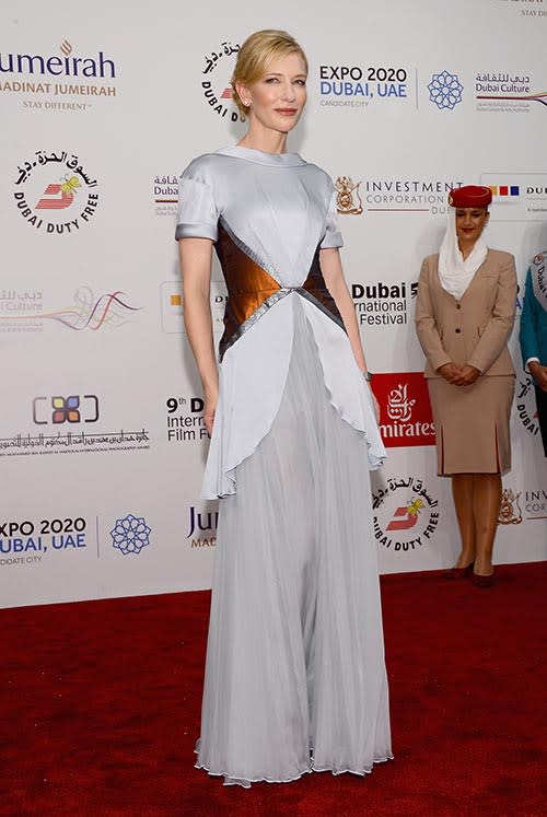 <b>Metallic trend: </b>Cate Blanchett wore this silver Rodarte gown with bronze panelling to the Dubai Film Festival.