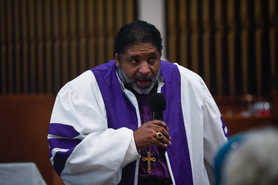 Rev. William J. Barber II, seen at a rally at in Nashville, Tenn., on Monday, April 17, 2023, was escorted out of an AMC theater by police in North Carolina during a screening of 'The Color Purple' on Tues., Dec. 26, 2023.