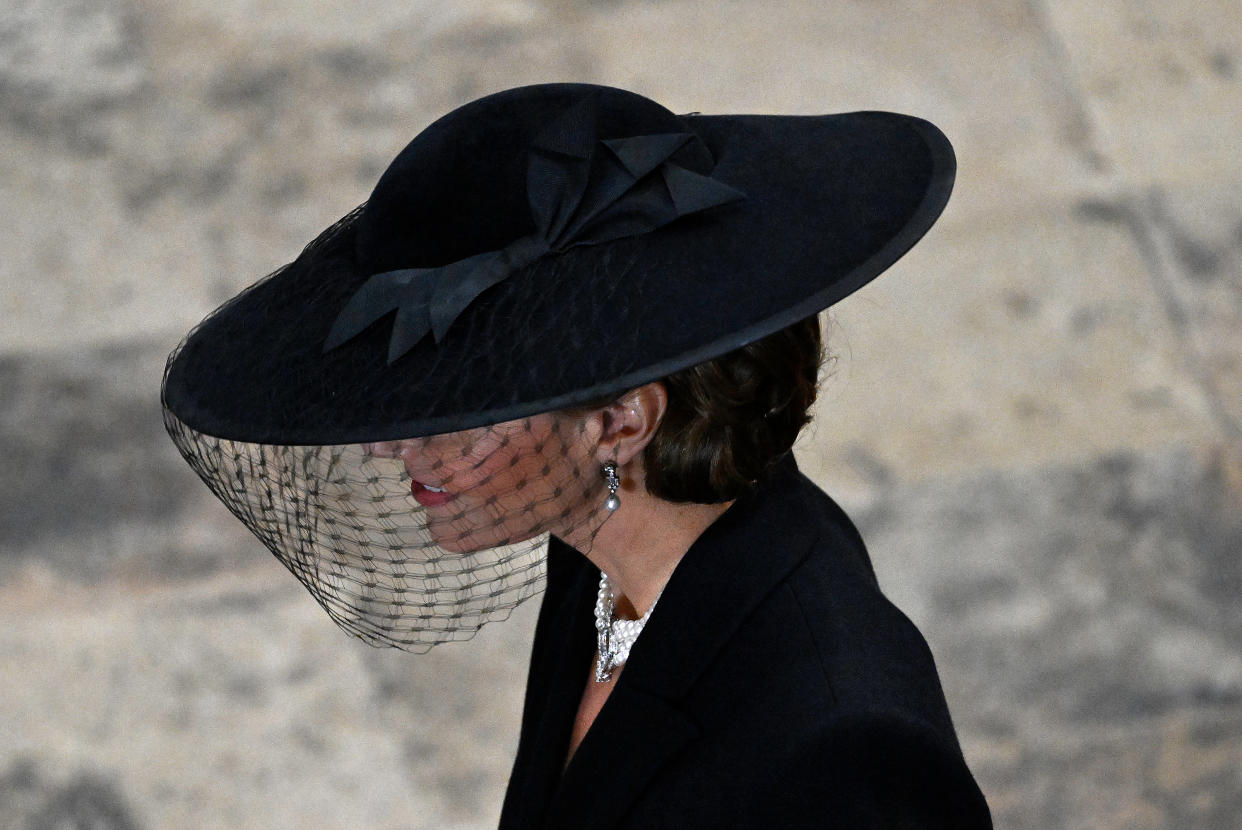 Princess of Wales arrives at Westminster Abbey ahead of the State Funeral of Queen Elizabeth II on September 19, 2022 in London, England. Elizabeth Alexandra Mary Windsor was born in Bruton Street, Mayfair, London on 21 April 1926. She married Prince Philip in 1947 and ascended the throne of the United Kingdom and Commonwealth on 6 February 1952 after the death of her Father, King George VI. Queen Elizabeth II died at Balmoral Castle in Scotland on September 8, 2022, and is succeeded by her eldest son, King Charles III.  (Photo by Gareth Cattermole/Getty Images)