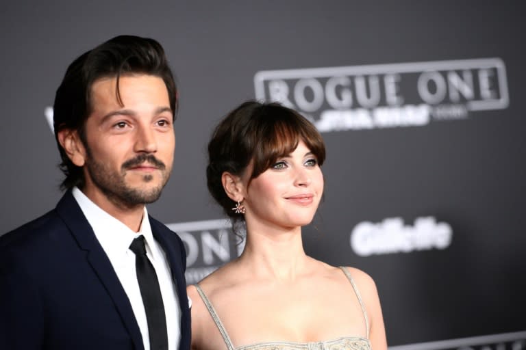 Diego Luna and Felicity Jones attend The World Premiere of Lucasfilm's "Rogue One: A Star Wars Story, In Hollywood, California, on December 10, 2016