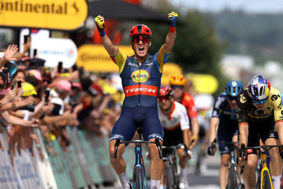 LIMOGES FRANCE  JULY 08 Mads Pedersen of Denmark and Team LidlTrek celebrates at finish line as stage winner during  the stage eight of the 110th Tour de France 2023 a 2007km stage from Libourne to Limoges  UCIWT  on July 08 2023 in Limoges France Photo by Michael SteeleGetty Images