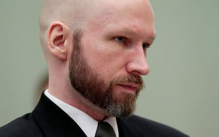 Anders Behring Breivik is pictured on the last day of the appeal case in Borgarting Court of Appeal at Telemark prison in Skien, Norway, January 18, 2017. NTB Scanpix/Lise Aaserud via REUTERS