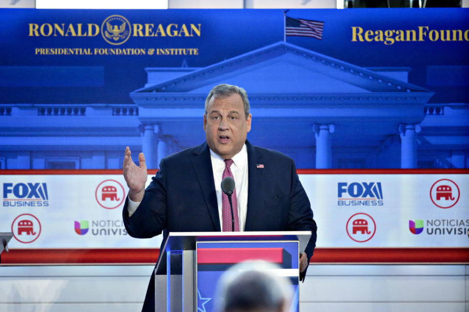 Chris Christie speaks during the Republican primary presidential debate in Simi Valley, California, on Wednesday, Sept. 27, 2023. / Credit: Eric Thayer/Bloomberg via Getty Images