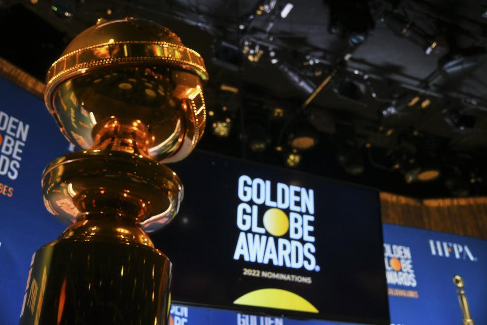 A view of the Golden Globe statue on stage