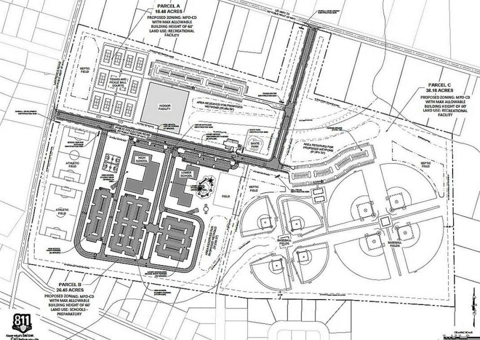 A project proposed for 85 acres east of Hillsborough could include room for two charter schools (bottom left) and multiple athletic facilities, including playgrounds, a skate park, and fields for tennis, pickleball, basketball, soccer and baseball. Summit Development/Contributed