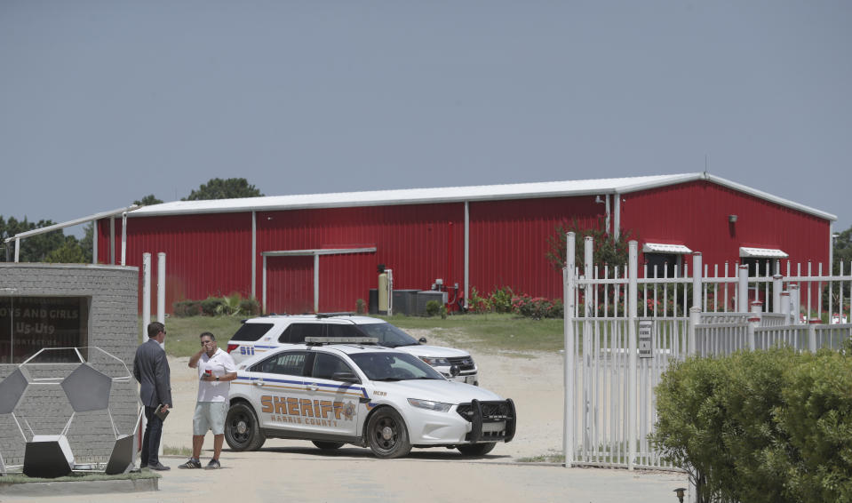 Two people, including a pregnant woman, were fatally shot at a soccer park, in northwest Harris County Sunday, July 25, 2021, in Houston. A man who fatally shot his pregnant ex-wife and her boyfriend in the parking lot of a Houston soccer park as children played in a tournament was later found dead from a self-inflicted gunshot, authorities said. (Steve Gonzales/Houston Chronicle via AP)