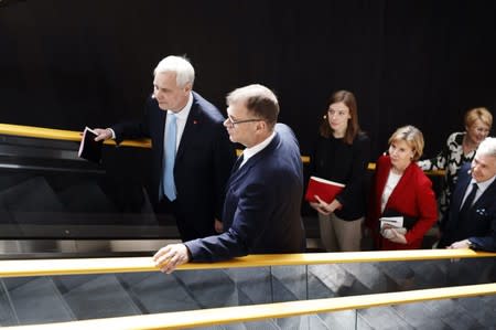 Social Democratic Party Chairman Rinne, Centre Party Chairman Sipila, Left Alliance Chairwoman Andersson, Swedish People's Party Chairwoman Henriksson and Green League Chairman Haavisto attend a news conference in Helsinki