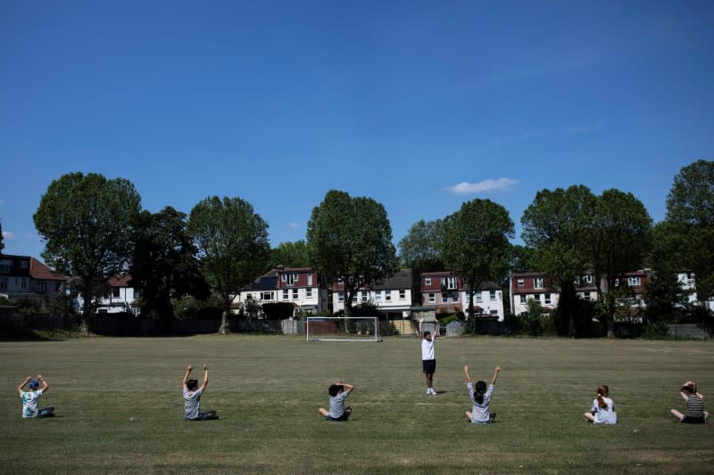 Children take part in sports lessons at St Dunstan's College junior school as some schools re-open following the outbreak of the coronavirus disease (COVID-19) in London