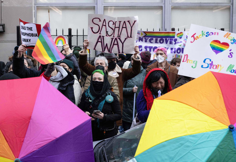 Demonstrators gather for a protest in support of the Drag Story Hour outside the Queens Public Library (Yuki Iwamura / AFP via Getty Images)