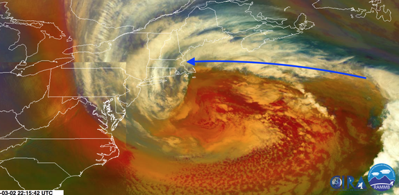 Satellite image showing the March 2 nor'easter, with an arrow showing the long easterly fetch.