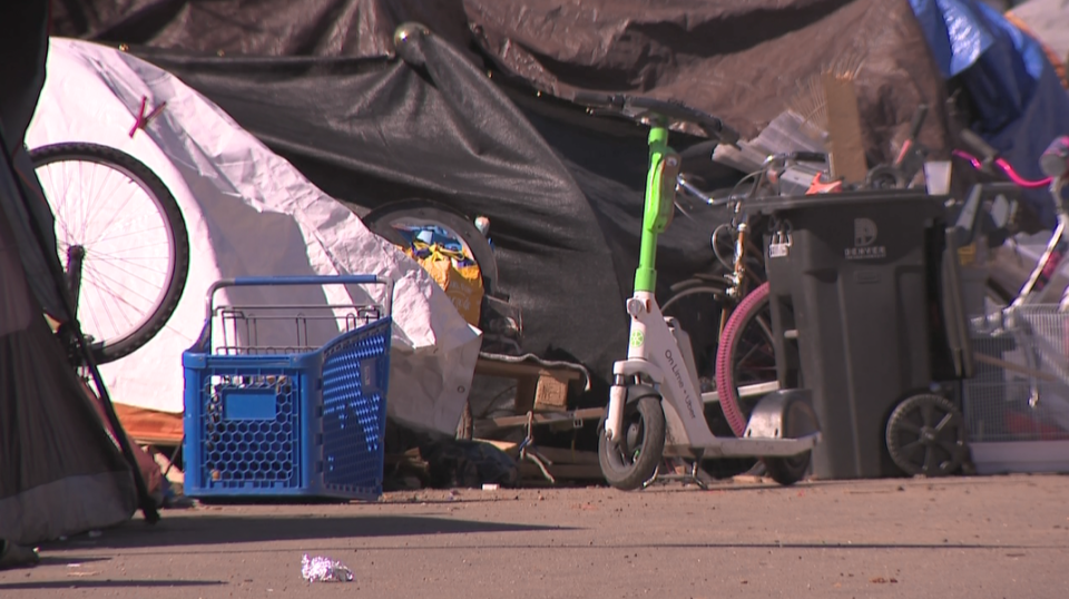 Tents and other items at a Denver homeless encampment