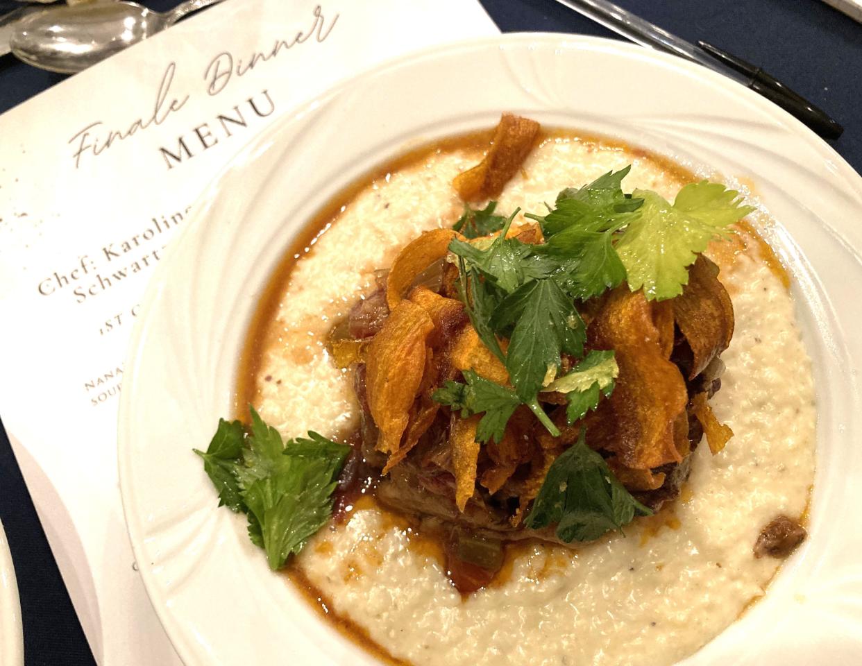 Chefs Karoline Schwartz prepared this dish of tomato-braised short ribs and bacon with goat cheese grits and carrot chips for the final challenge, a three-course meal, in the Own Your Own competition to own a restaurant in Pender County.