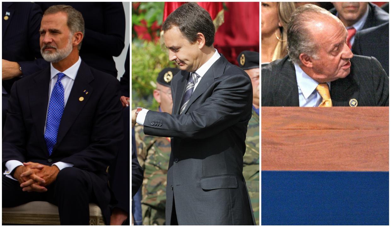 Felipe VI en la toma de posesión de Gustavo Petro como presidente de Colombia, José Luis Rodríguez Zapatero en un desfile del día de la Fiesta Nacional y Juan Carlos I en la Cumbre Iberoamericana de 2007. (Foto: Chepa Beltran / VW Pics / Universal Images Group / Getty Images / Javier Soriano / AFP / Getty Images / AFP / Getty Images).