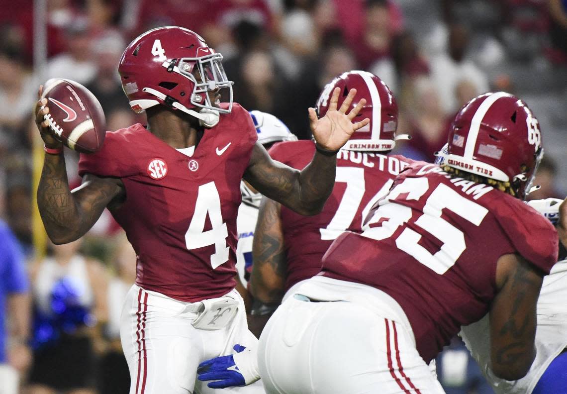 Alabama quarterback Jalen Milroe ran for 155 yards and four touchdowns and threw for 219 yards in the Crimson Tide’s 42-28 victory over LSU last week.