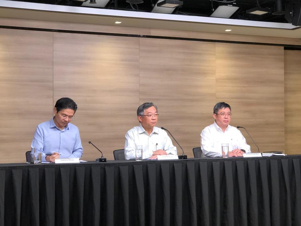 Left tor right: Taskforce co-chairs National Development Minister Lawrence Wong, Health Minister Gan Kim Yong and Associate Professor Kenneth Mak, the health ministry's director of medical services at a press conference on 14 February, 2020. (PHOTO: Yahoo News Singapore) 