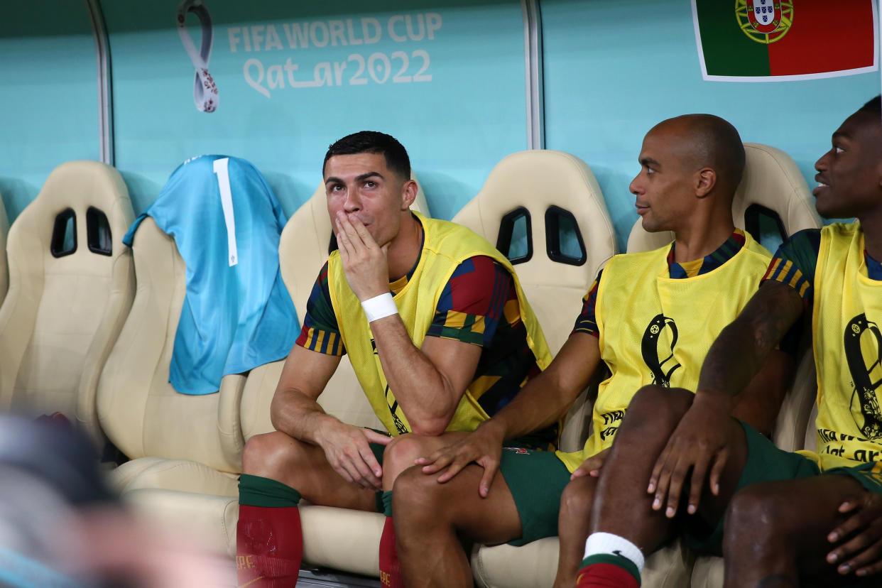 LUSAIL CITY, QATAR - DECEMBER 06: Cristiano Ronaldo looks on during the FIFA World Cup Qatar 2022 Round of 16 match between Portugal and Switzerland at Lusail Stadium on December 6, 2022 in Lusail City, Qatar. (Photo by Maryam Majd ATPImages/Getty Images)