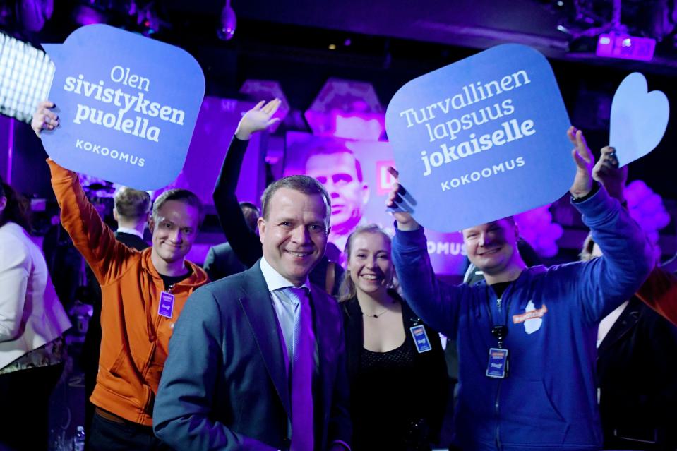 Chairman of National Coalition Party Petteri Orpo poses for a photo, at the parliamentary election party in Helsinki, Sunday, April 14, 2019. Voters in Finland are casting ballots in a parliamentary election Sunday after climate change dominated the campaign, even overshadowing topics like reforming the nation's generous welfare model. (Jussi Nukari/Lehtikuva via AP)