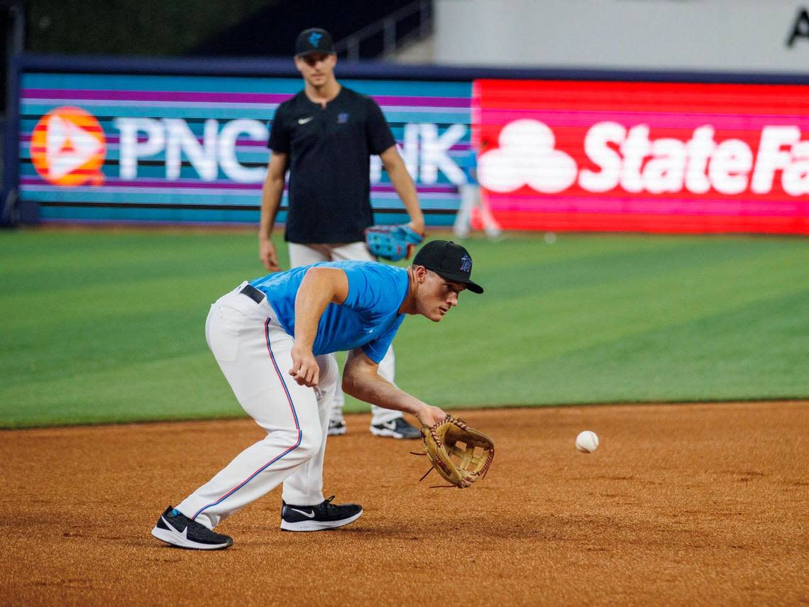 Miami Marlins 2022 first-round pick Jacob Berry during fielding practice before the start of a baseball game against the Texas Rangers at LoanDepot Park on Thursday, July 21, 2022 in Miami, Florida.