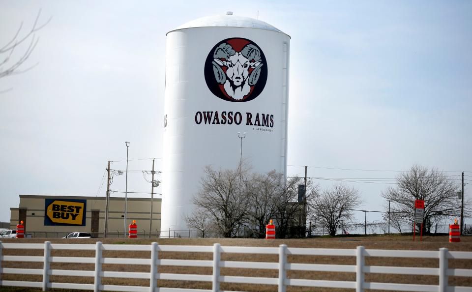 A water tower is seen in Owasso on, Feb. 26.