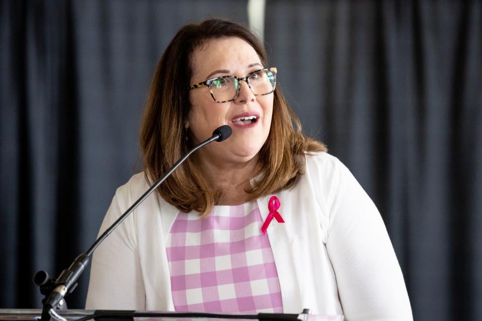 Rebecca Cressman, a radio host and cancer survivor, speaks at the opening of the new Kathryn F. Kirk Center for Comprehensive Cancer Care and Women’s Cancers at Huntsman Cancer Institute in Salt Lake City on Monday, May 8, 2023. | Spenser Heaps, Deseret News