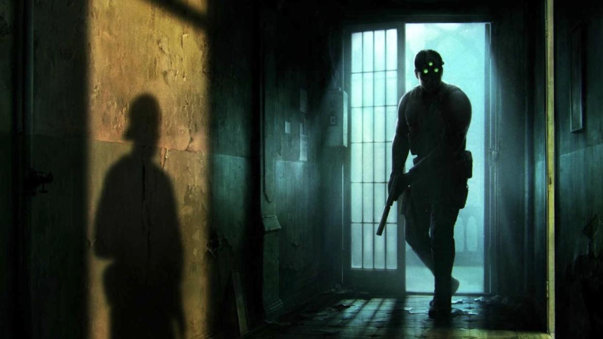  Concept art showing Sam Fisher creeping into a dimly lit room. He is holding a silenced pistol and wearing all black. 