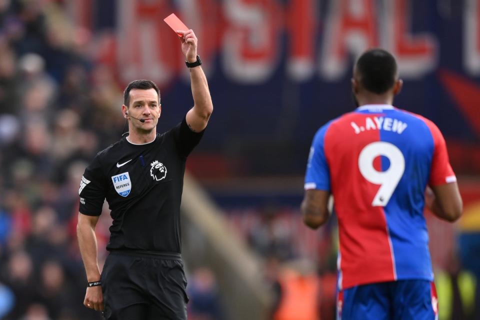 Crystal Palace were leading 1-0 when Jordan Ayew was sent off in the second half (Getty Images)
