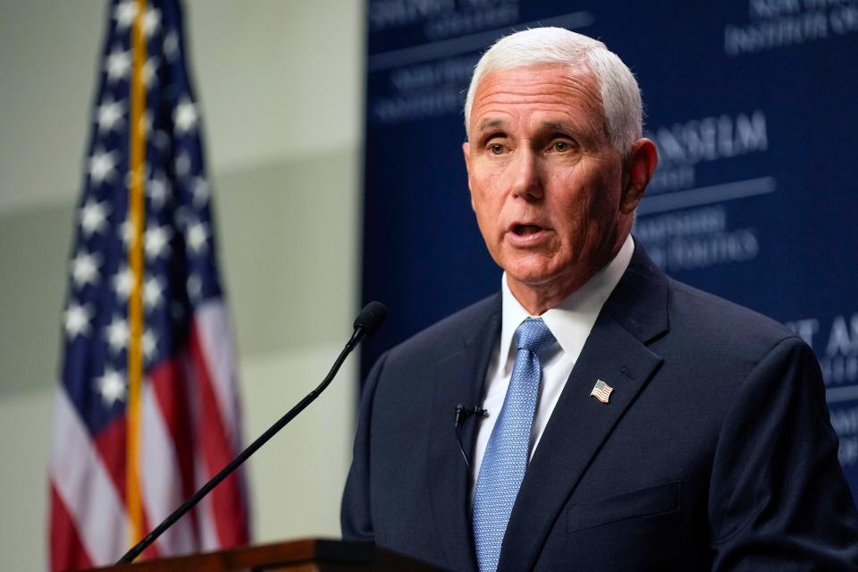 Republican presidential candidate former Vice President Mike Pence speaks at St. Anselm College, Wednesday, Sept. 6, 2023, in Manchester, N.H. (AP Photo/Robert F. Bukaty)