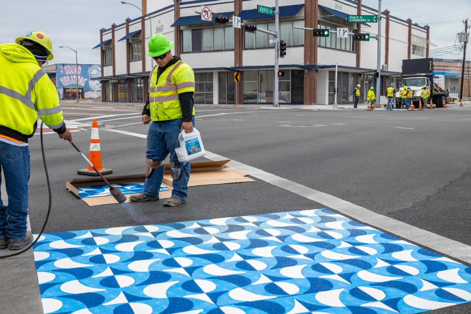 The blue and white tile design of the Six Points crosswalks was selected to recognize Corpus Christi's bayfront, while the wavy pattern pays homage to the retro feel of the area.