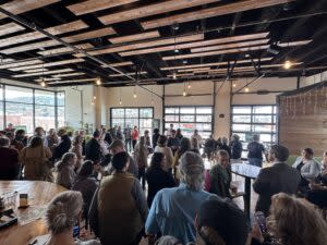 Supporters of CI-128 gathered at Mt. Ascension Brewing Company for the kick-off event for the abortion access ballot initiative. (Photo by Blair Miller, Daily Montanan)