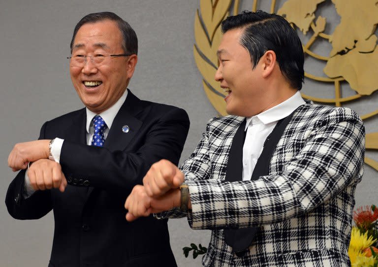 Psy (right) does his 'Gangnam Style' dance with UN Secretary General Ban Ki-Moon at UN headquarters in New York. Name-checked and imitated by everyone from US President Barack Obama, to Chinese dissident artist Ai Weiwei and pop icon Madonna, Psy bestrode his invisible horse and the music world like a colossus in 2012