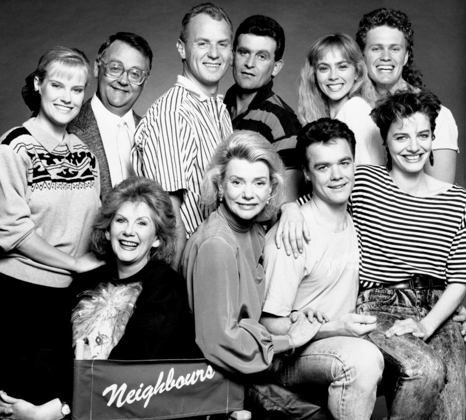 The cast of the Australian soap opera. (Back, l-r) Elaine Smith, Ian Smith, Alan Dale, Paul Keane, Annie Jones and Craig McLachlan. (Front, l-r) Anne Charleston, Anne Haddy, Stefan Dennis and Fiona Corke.