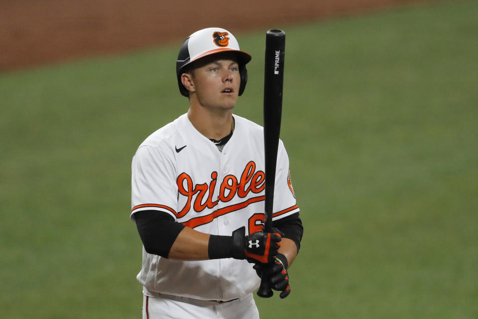 Baltimore Orioles' Ryan Mountcastle steps up to the plate against the Washington Nationals during an exhibition baseball game, Monday, July 20, 2020, in Baltimore. (AP Photo/Julio Cortez)