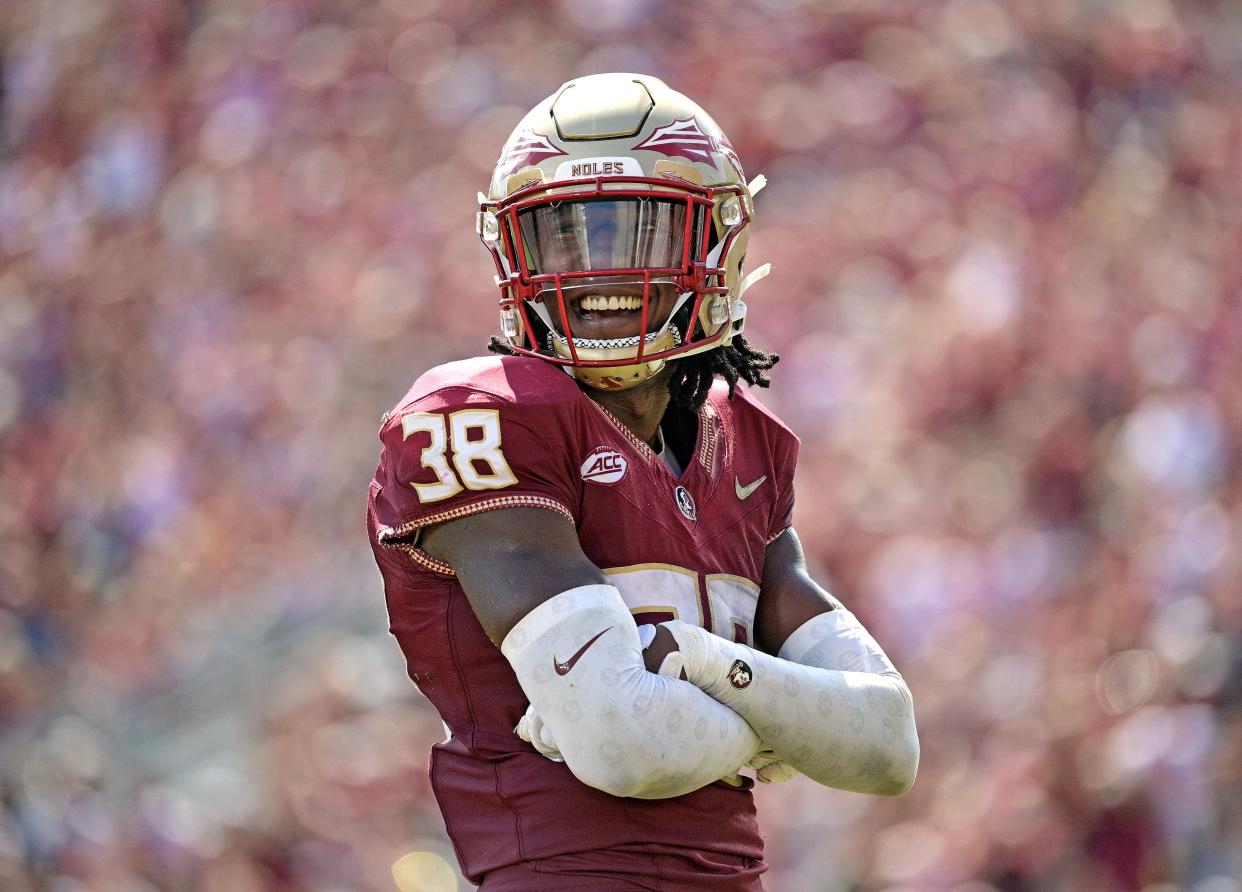 Florida State Seminoles defensive back Shyheim Brown (38) smiles after a defensive stop against the Syracuse Orange during the first half Oct. 14, 2023, at Doak S. Campbell Stadium in Tallahassee, Florida.