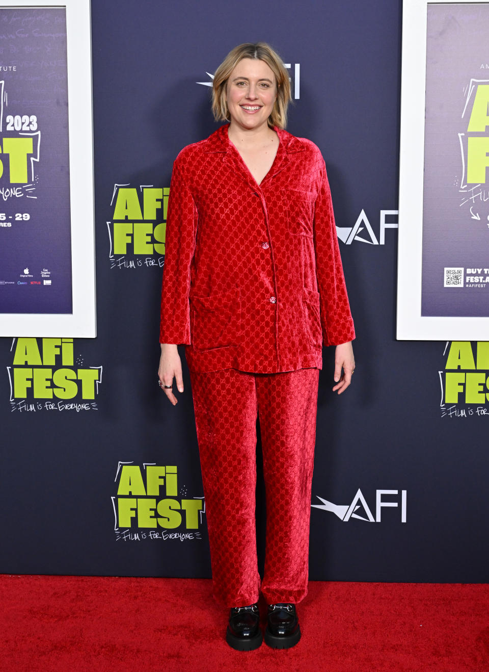 Greta Gerwig, "Pee-Wee's Big Adventure," Los Angeles, red velvet, red carpet, Gucci, monogram 