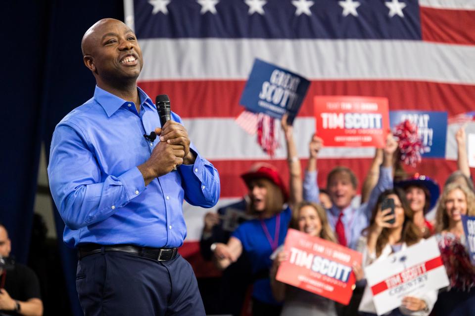 Republican presidential candidate Tim Scott delivers his speech announcing his candidacy for president of the United States on the campus of Charleston Southern University in North Charleston, S.C., Monday, May 22, 2023.