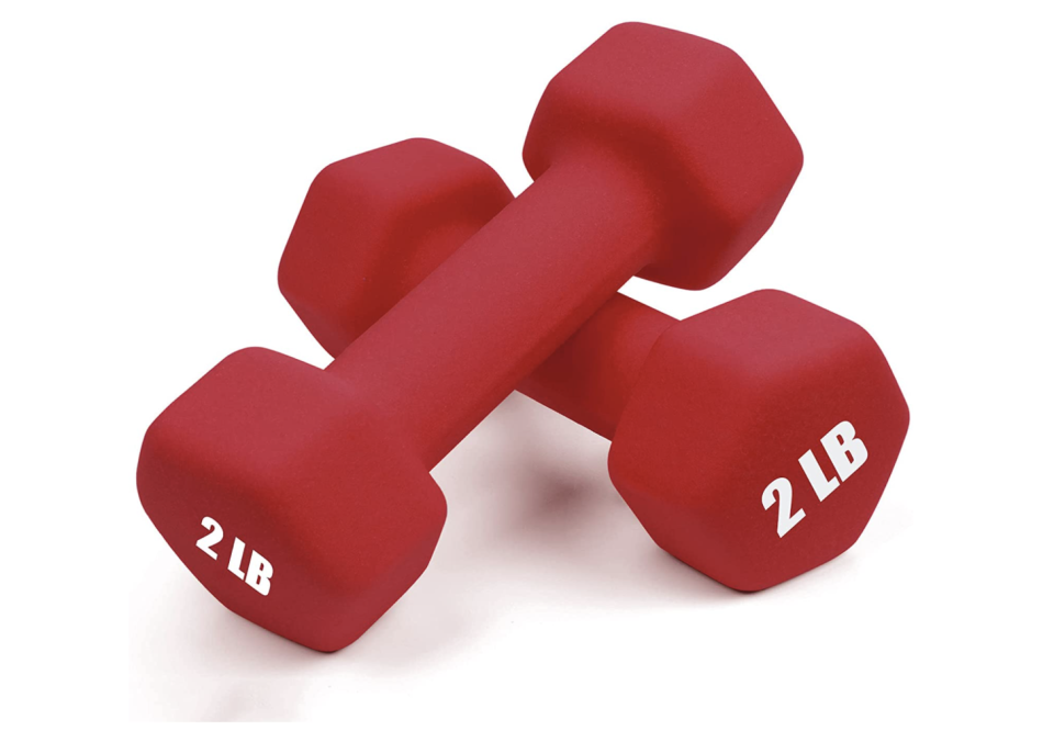 Red dumbbells with 2 lb writing.