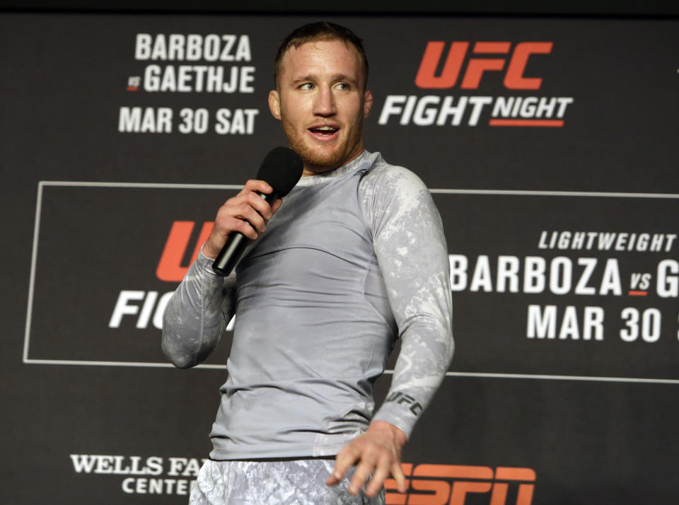 In this Wednesday March 27, 2019, photo, mixed martial arts fighter Justin Gaethje addresses fans after a workout in Philadelphia. Gaethje is slated to fight Edson Barboza in a lightweight bout in the main event of the UFC card in Philadelphia on March 30. The bout features two of the most ferocious kickers in the sport, who are both coming off wins following two straight losses. Gaethje viewed the fight as an elimination bout of sorts for each fighter to stay in the hunt for a championship match against Khabib Nurmagomedov. (AP Photo/Jacqueline Larma)