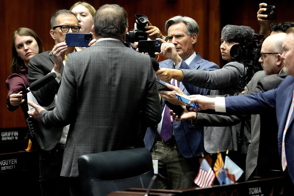 Arizona State Speaker of the House Ben Toma, R, speaks to the media from the House floor, Wednesday, April 17, 2024, at the Capitol in Phoenix. House Republicans have again blocked an effort for the chamber to take up legislation that would repeal Arizona’s near-total ban on abortions. (AP Photo/Matt York)