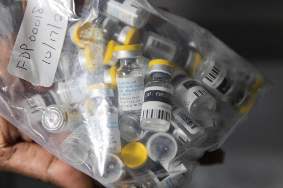 FILE - Vials of single doses of the Jynneos vaccine for monkeypox are seen from a cooler at a vaccinations site on Aug. 29, 2022, in the Brooklyn borough of New York. As Congo copes with its biggest outbreak of mpox, scientists warn discrimination against gay and bisexual men on the continent could make it worse. (AP Photo/Jeenah Moon, File)