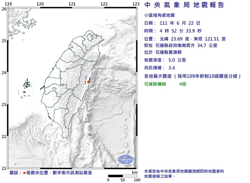 今日凌晨4時52分發生芮氏規模3.4地震。（圖／中央氣象局）