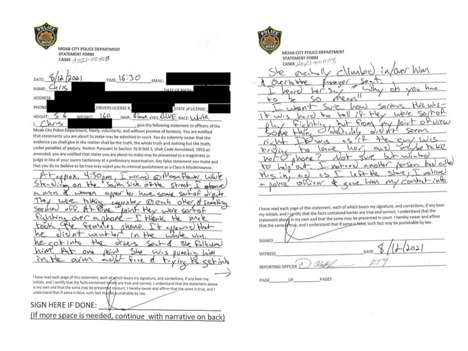 The two-page redacted witness statement to Moab City Police Department by Chris about Gabby Petito and Brian Laundrie's argument on August 12