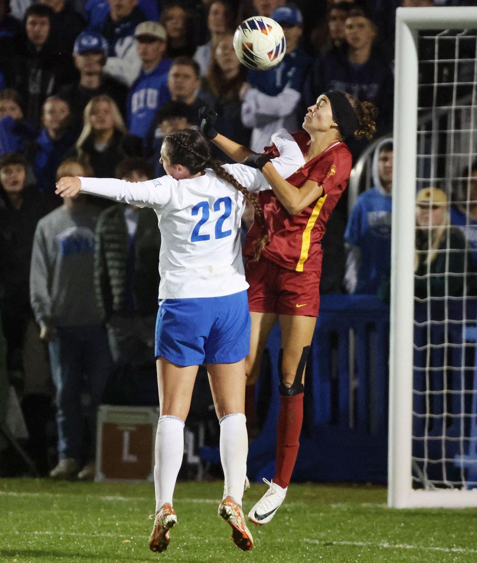 BYU midfielder Bella Folino (22) and USC defender Brooklyn Courtnall (8) compete during the second round of the NCAA championship in Provo on Thursday, Nov. 16, 2023. BYU won 1-0. | Jeffrey D. Allred, Deseret News