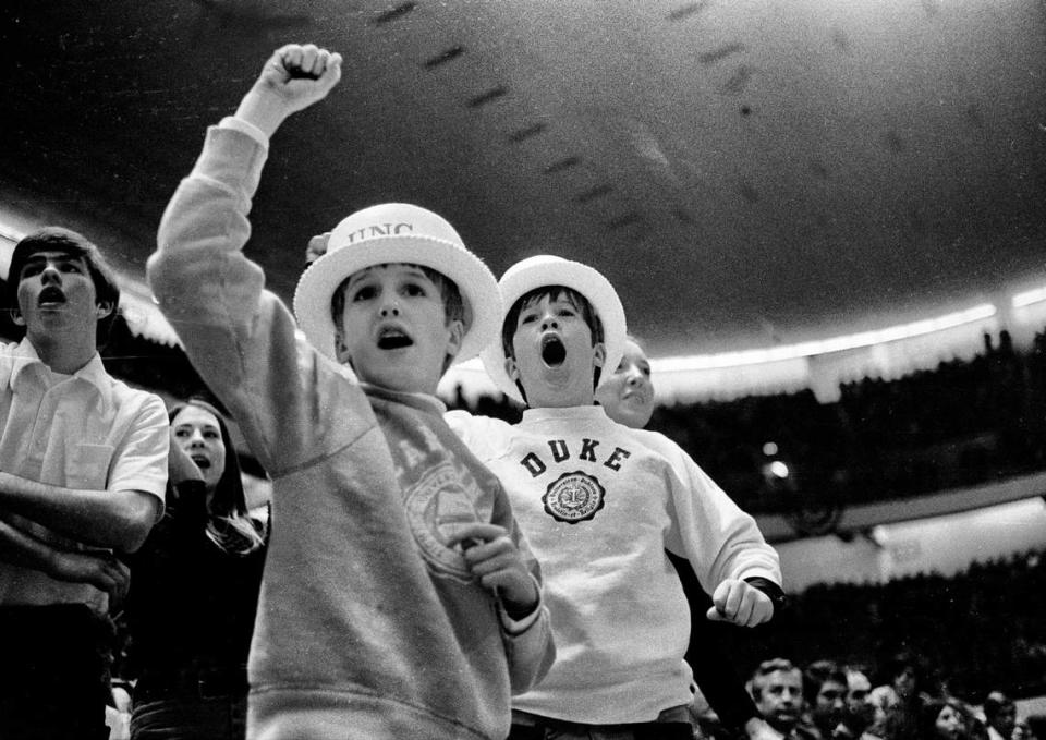 Young basketball fans cheer for UNC and Duke in the1972 ACC Tournament in Greensboro.