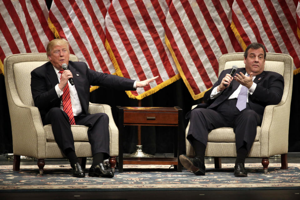 <p>Trump and New Jersey Gov. Chris Christie at a rally at Lenoir-Rhyne University in Hickory, N.C., March 14, 2016.<i> (Photo: Chuck Burton/AP)</i> </p>